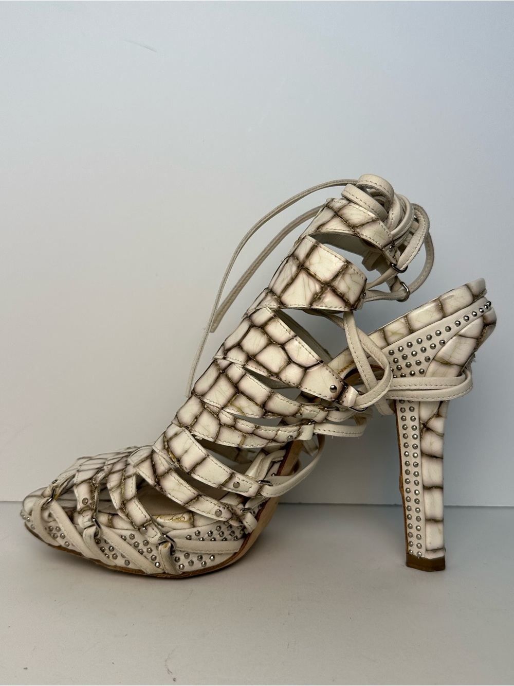 Dior Ivory Croc-Print Strappy Studded High Heel Sandal